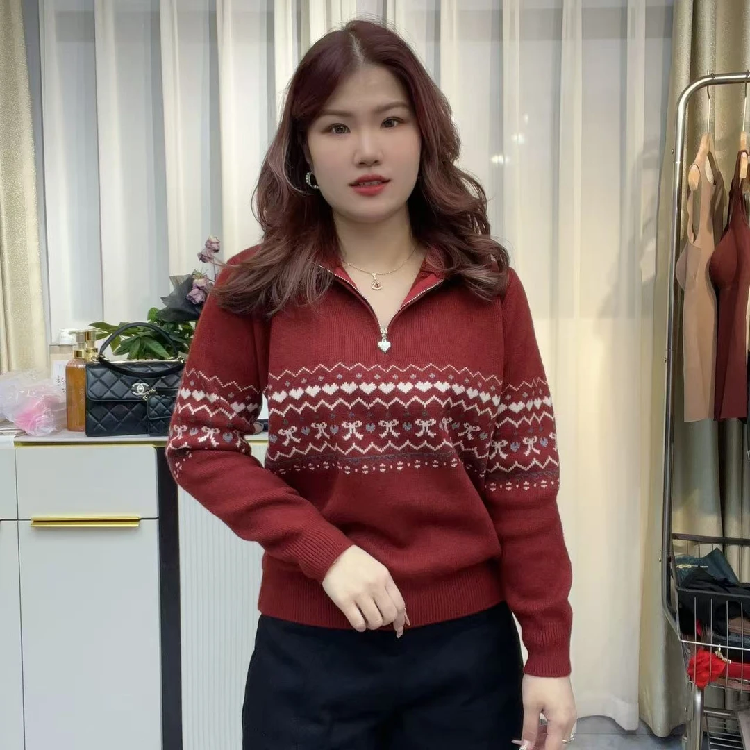 小鑫肝@新款重工翻领带链复古图案气质百搭修身毛衣 3426