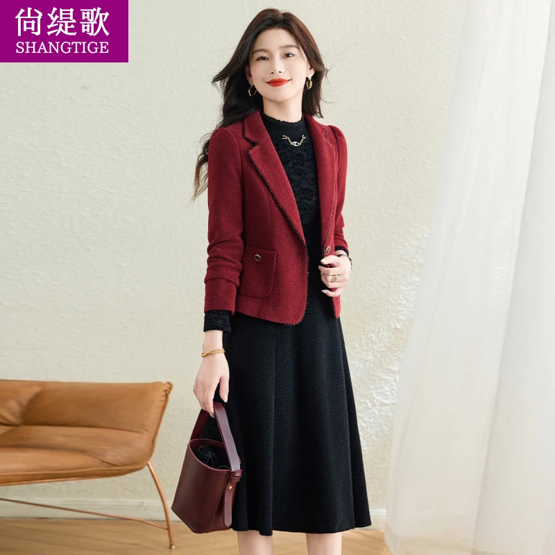 小香风套装连衣裙女春秋2025新款长袖喜婆婆妈妈结婚宴礼服两件套