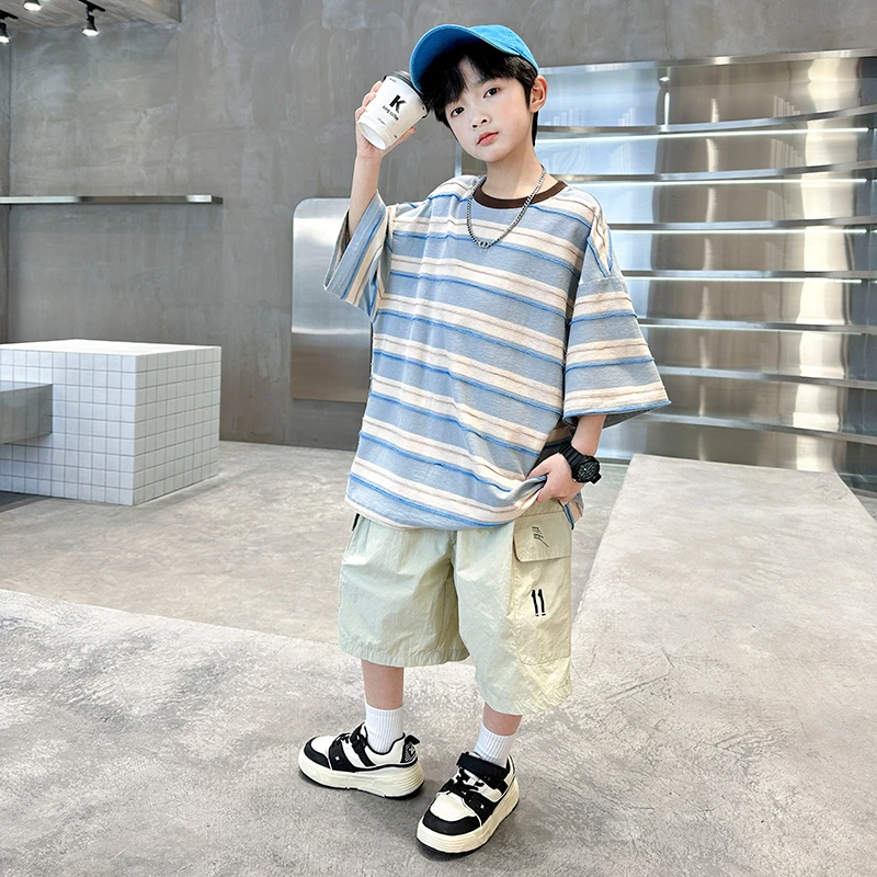 男童夏装套装2025新款夏季中大童条纹短袖洋气时尚儿童男孩薄款潮