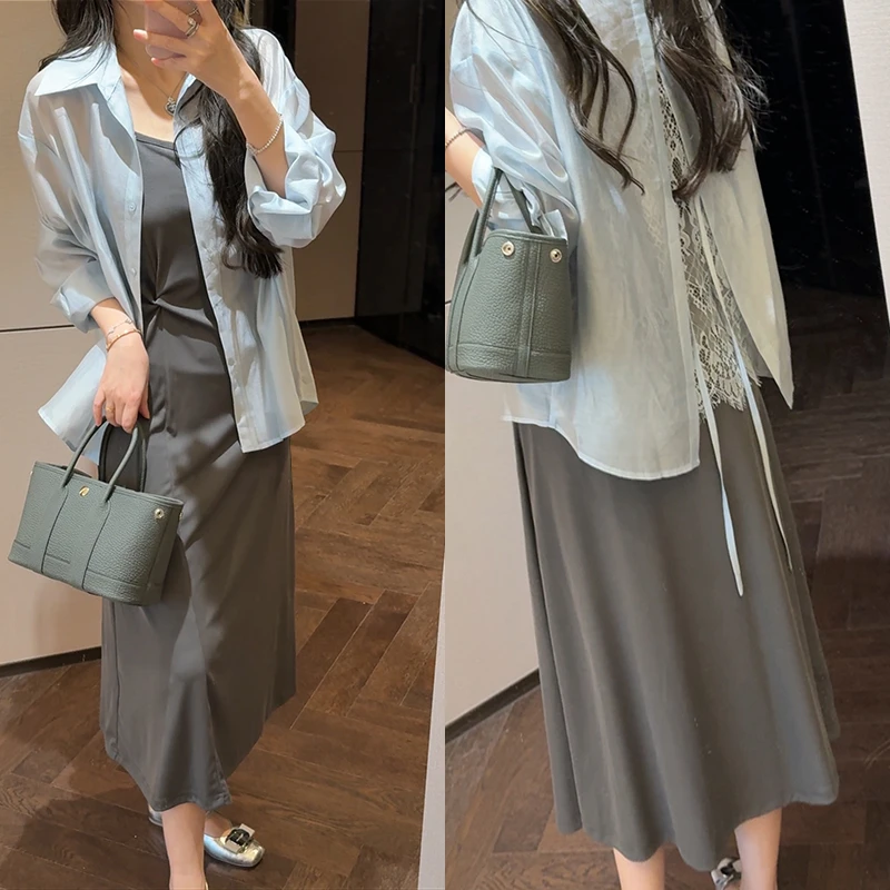 【mimius】琳琳 休闲慵懒气质收腰吊带连衣裙+防晒衬衫 G04116