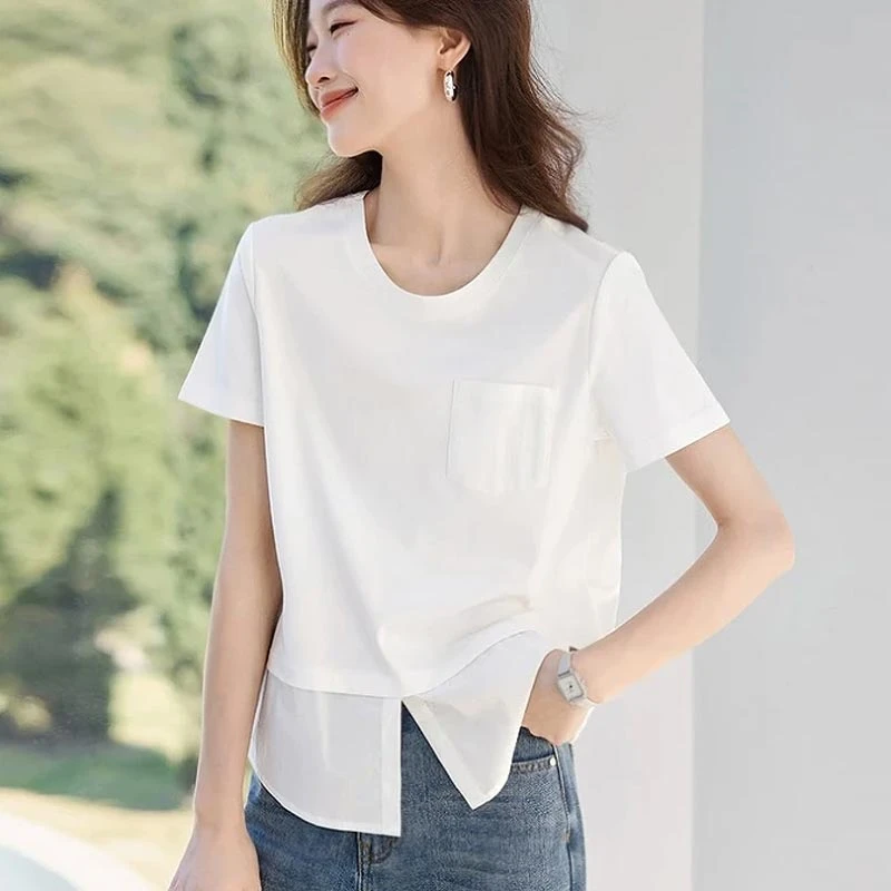 2025夏季韩式新款休闲风假两件宽松圆领设计感短袖T恤女小众百搭