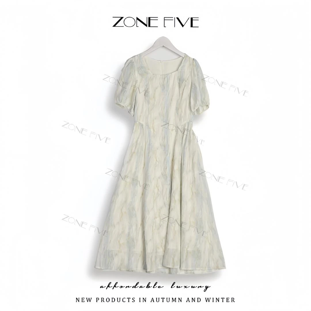 【不露脸老板娘】【鸢尾幽梦】夏季新款方领晕染系时尚显瘦温柔连衣裙