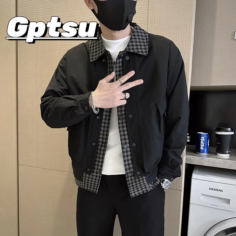 GPTSu假两件格子外套男士韩版潮流褂春秋季休闲痞帅潮牌夹克褂子