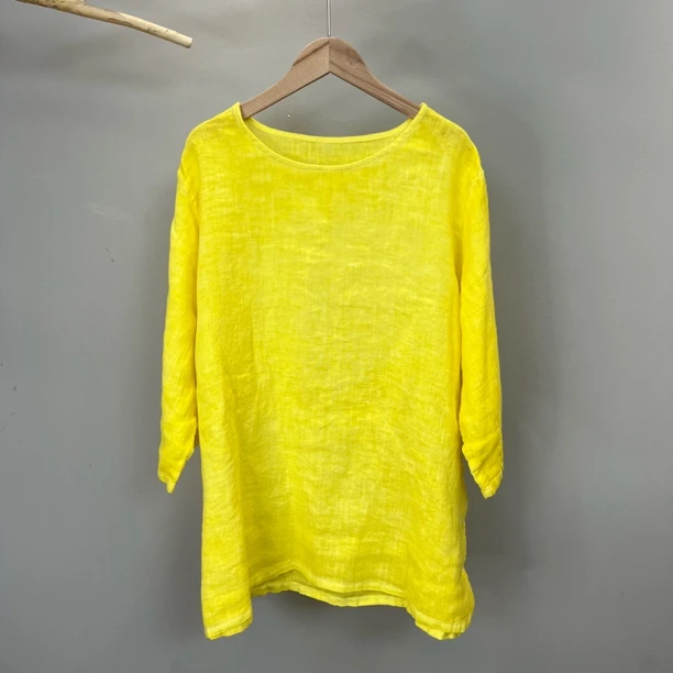新款100稀疏亚麻圆领纯色九分袖夏款宽松显瘦上衣百搭成衣染