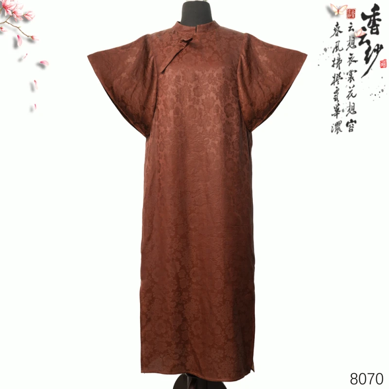 LL 2025春夏新款红云纱花萝设计师款蝙蝠袖连衣裙8070