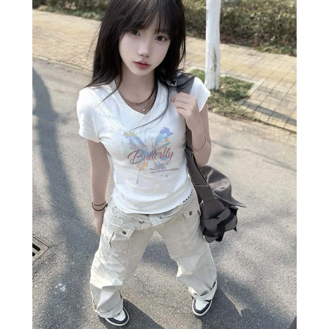 100%纯棉短袖T恤女夏季简约百搭V领修身显瘦正肩辣妹内搭上衣服