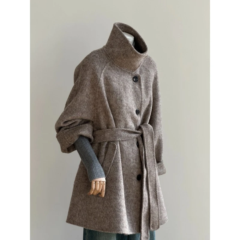 H85韩版立领双面羊毛大衣女中长款高级浅咖色系带羊毛呢外套