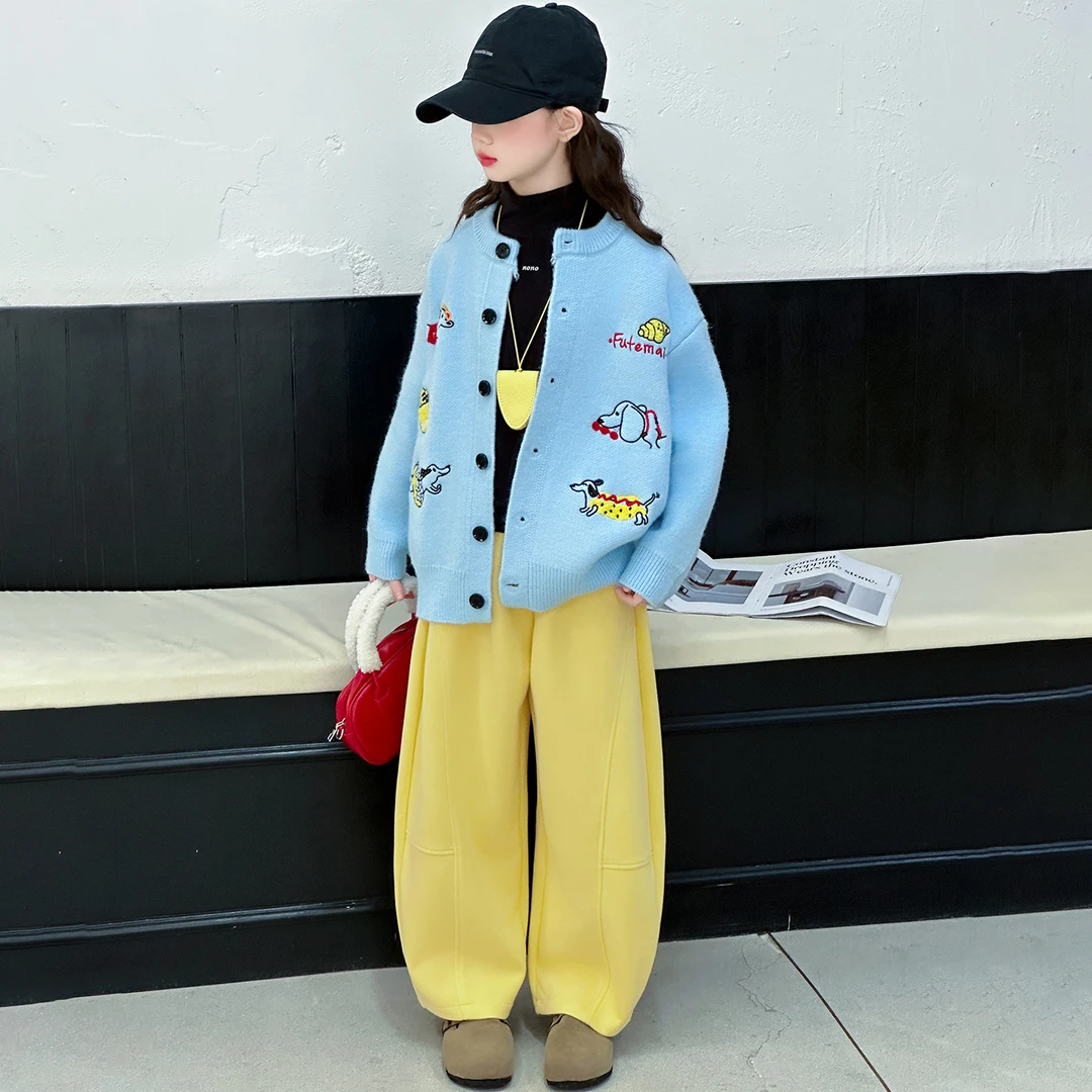 女童套装2025新款秋冬中大童女孩洋气时髦韩版休闲毛衣开衫两件套