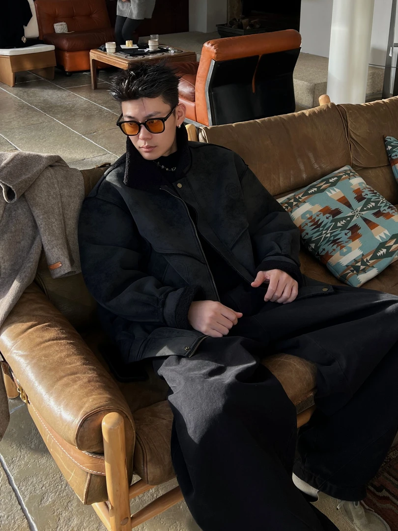 HZ.YJ【复古皮毛一体】冬季设计感拉链毛呢男夹克工装复古上衣美式