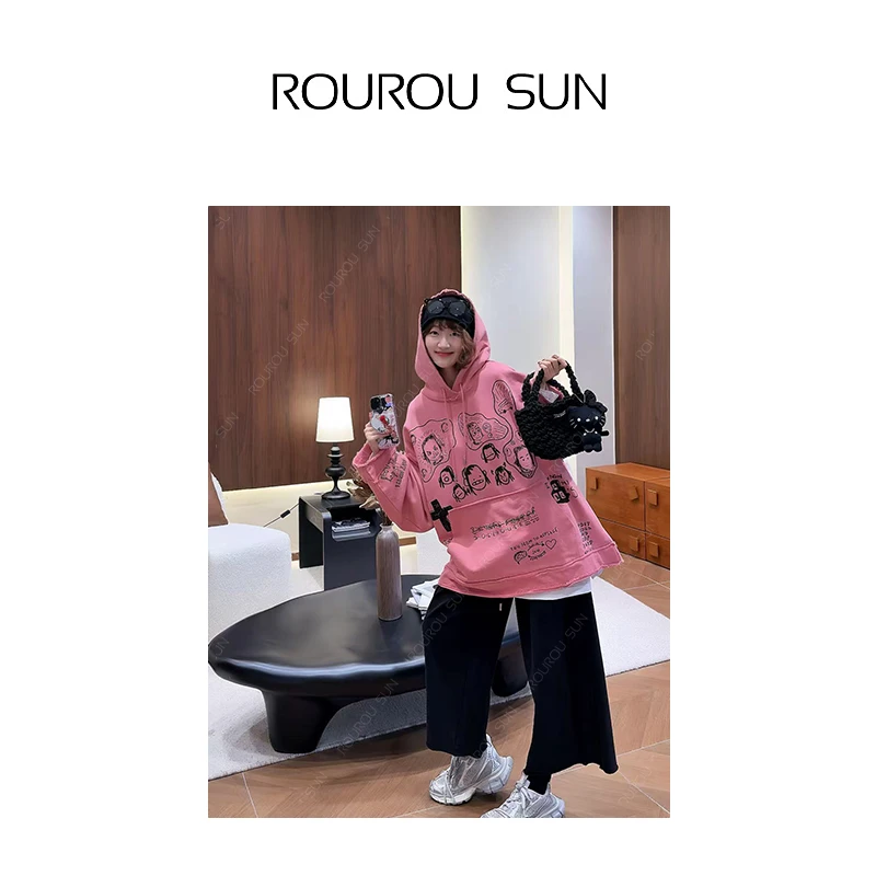 28010早秋款女装慵懒风可爱宽松涂鸦休闲百搭款连帽卫衣