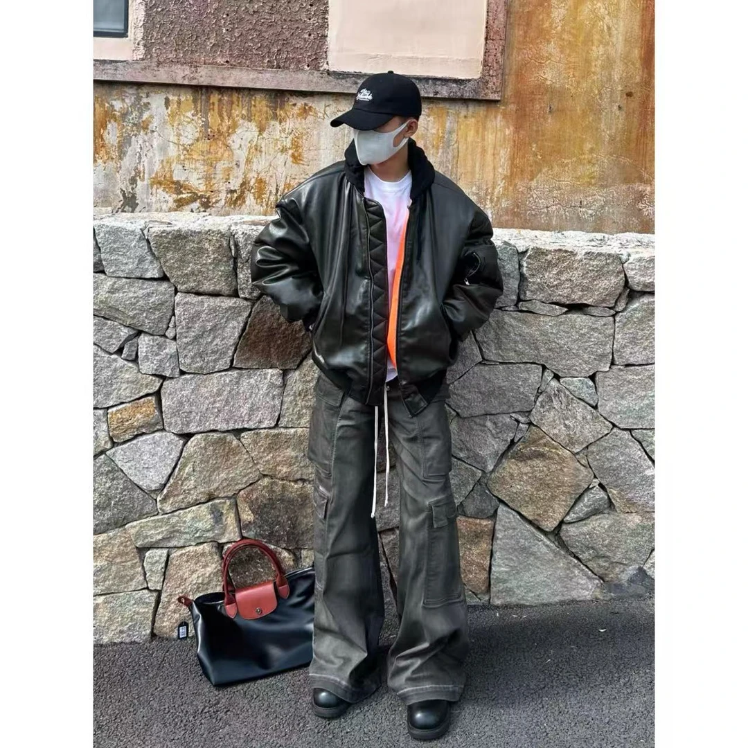 美式复古bomber飞行员夹克男MA1廓形连帽pu皮外套男女