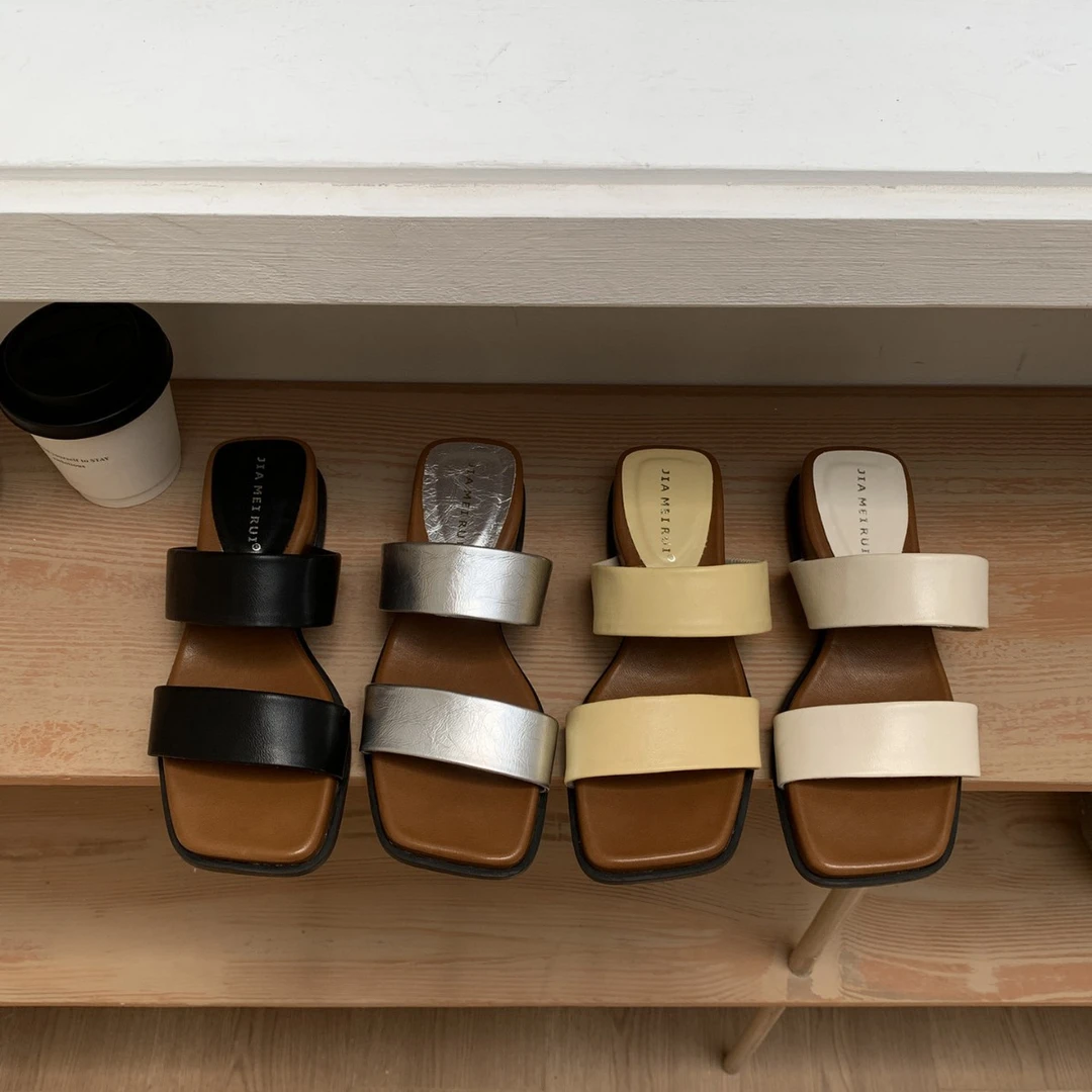 716-9~坡跟法式方头露趾凉拖鞋女鞋子外穿2025年夏季新款凉鞋时尚