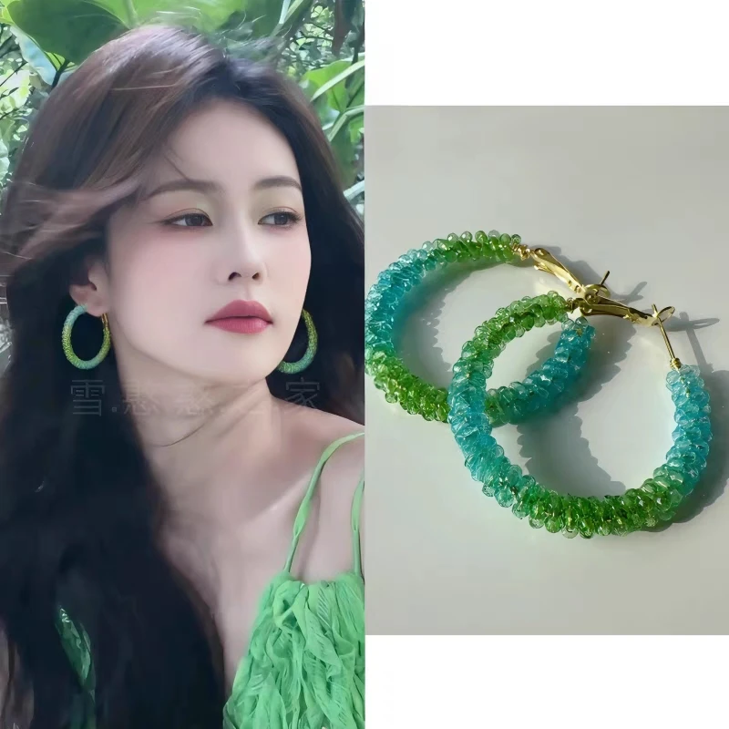 铜合金耳饰 绿色串珠耳环耳圈耳圈春夏新款女
