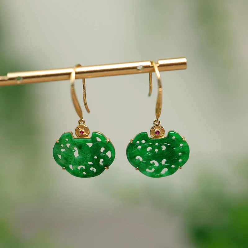 #J465 18K金镶嵌老坑满色辣绿缅甸天然A货翡翠如意锁耳坠耳环耳饰