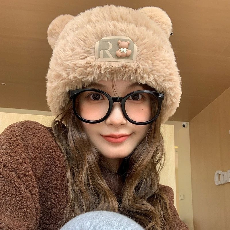 爆款小熊女生冬季针织帽加厚加绒护耳帽时尚百搭保暖冷帽毛茸帽子