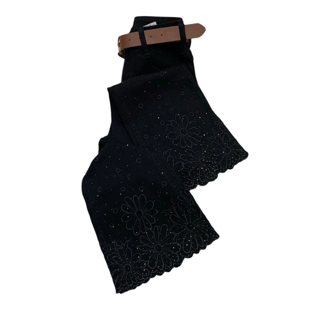 H5323秋季新款重工刺绣镶钻百搭九分微喇牛仔裤（不带腰带）