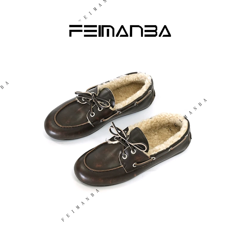 FEIMANBA 复古经典做旧一脚蹬复古乐福鞋