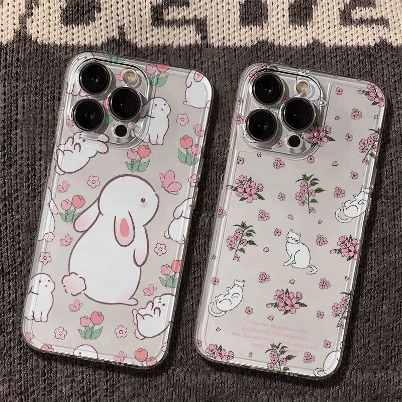 碎花白猫兔子太空手机壳适用于苹果16透明iphone14保护壳1512pro