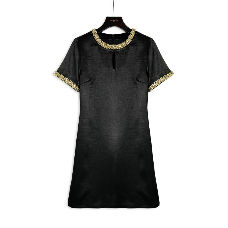 【CENFUN】2025黑色高定重工设计款带袖连衣裙E021230