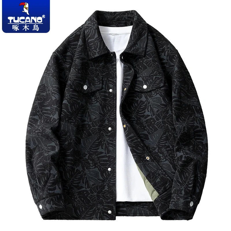 啄木鸟灯芯绒夹克外套男士2025春秋新款印花上衣男款宽松休闲外衣