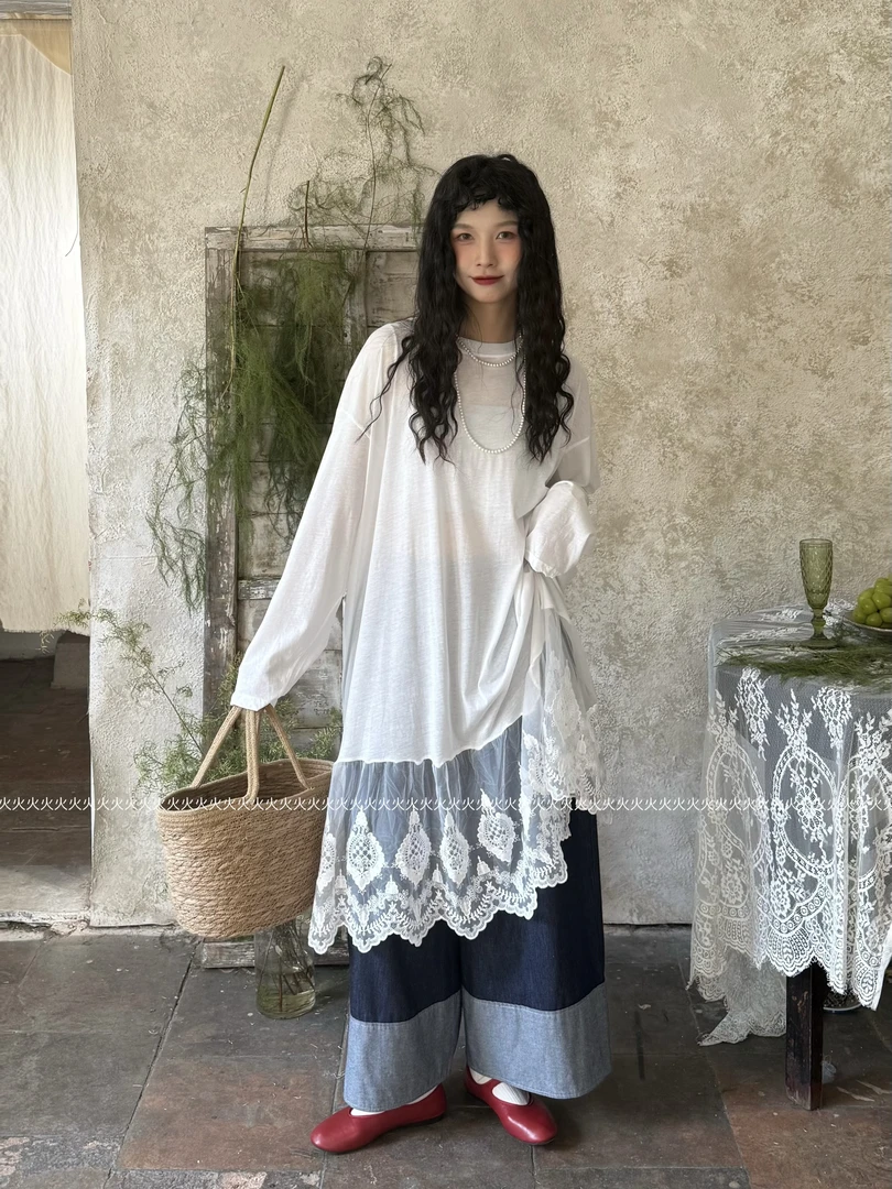 火火【不见花海】新款钩花百搭蕾丝拼接宽松长款连衣裙叠穿花边女