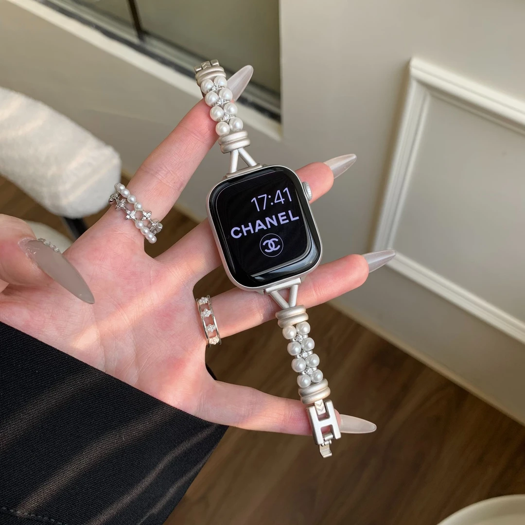 适用苹果手表iwatchS10表带轻奢S8小香风SE珍珠7金属applewatchS9