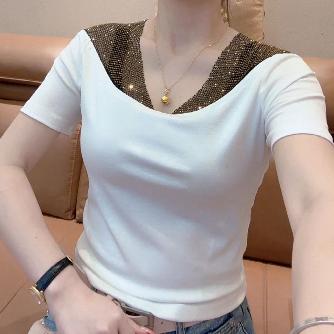 小敏家,夏季新款508简约钻领修身短袖T恤女百搭