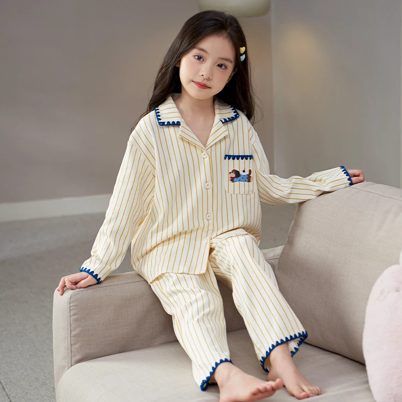 春秋纯棉女童长袖新款儿童睡衣女孩洋气卡通休闲开衫6-12岁家居服