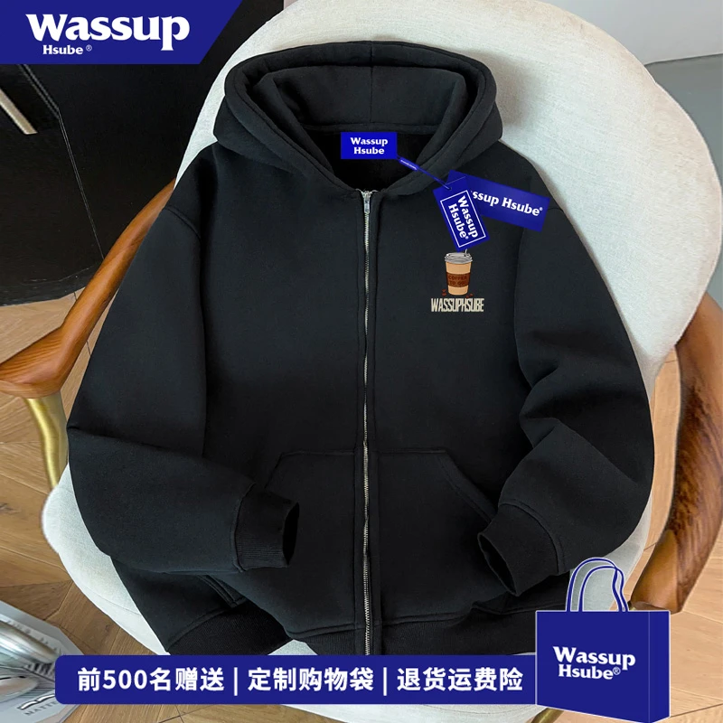 WASSUP HSUBE美式图案印花开衫卫衣男女秋冬季设计感百搭连帽外套