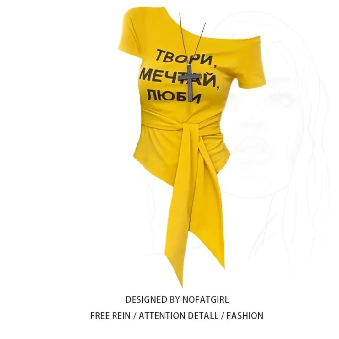 大码胖MM一字领印花绑带辣妹风短袖T恤修身休闲高腰宽松不规则