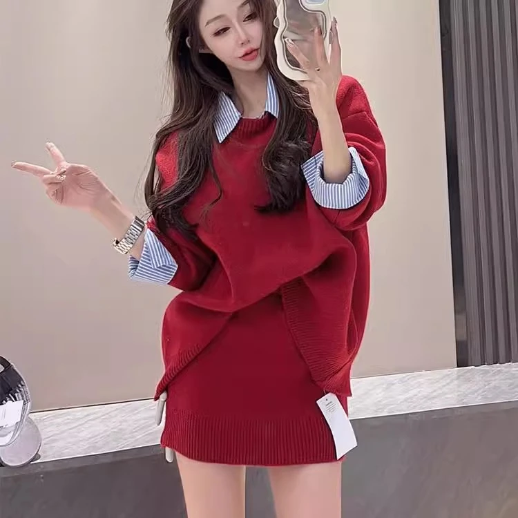 韩系拼接衬衫领针织两件套时尚高级显瘦假两件毛衣女高腰短裙套装