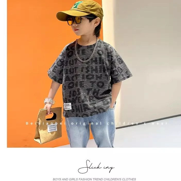 夏季儿童韩版纯棉宽松洋气短袖T恤字母印花帅气潮童休闲上衣男童