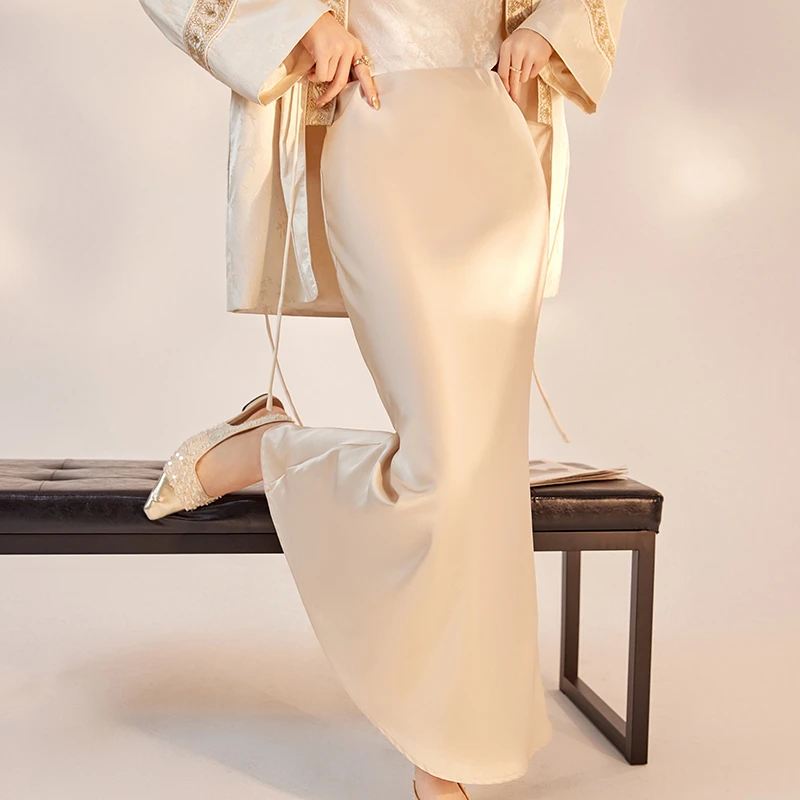 国风新中式时尚高级长款A字裙百搭简约显瘦纯色气质半裙女  M8126