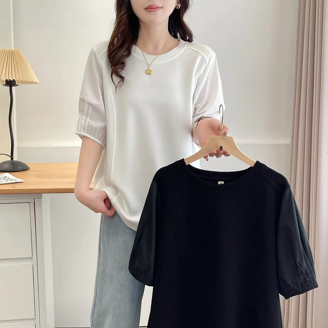 大码女装宽松显瘦圆领夏季短袖T恤打底衫拼接设计简约五分袖上衣