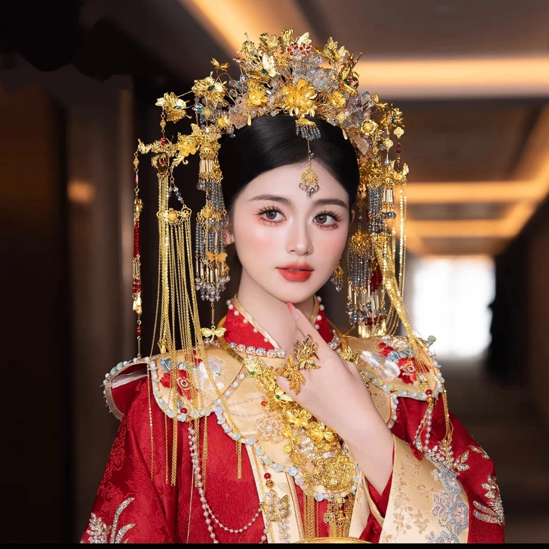 z8550金色复古新中式新娘秀禾服大凤冠头饰