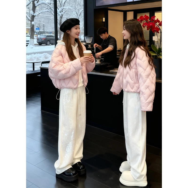 SHALLDOER 【初雪粉雾】潮流套装女士秋冬季棉服卫衣卫裤三件套穿搭