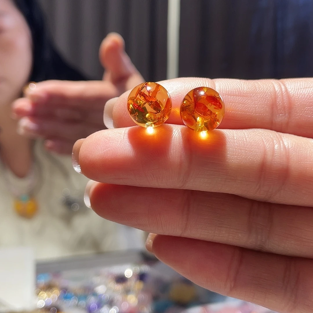 琥珀银S925镶嵌耳饰大气款