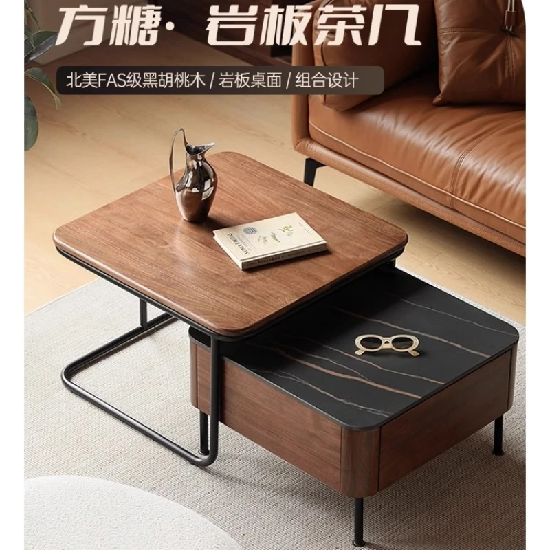 实木茶几北欧岩板茶桌黑胡桃木小户型客厅铁艺方形小茶台