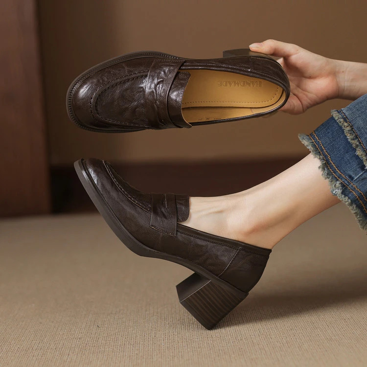 头层羊皮~6cm粗跟手抓皮百搭复古高级感定制一脚蹬真皮乐福鞋单鞋
