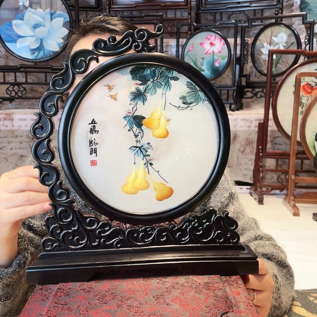 织绣苏绣摆台檀木手工双面