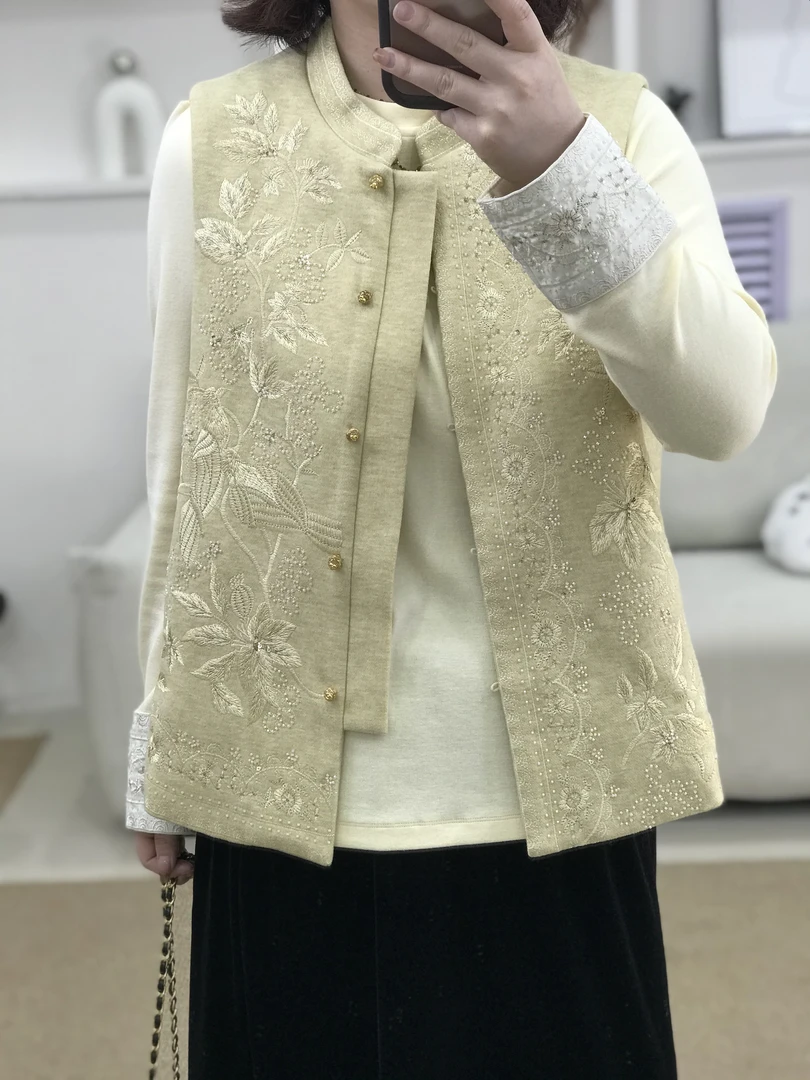 {莹莹推荐}5858冬季大码女装重工国风祥鸟刺绣毛呢马甲