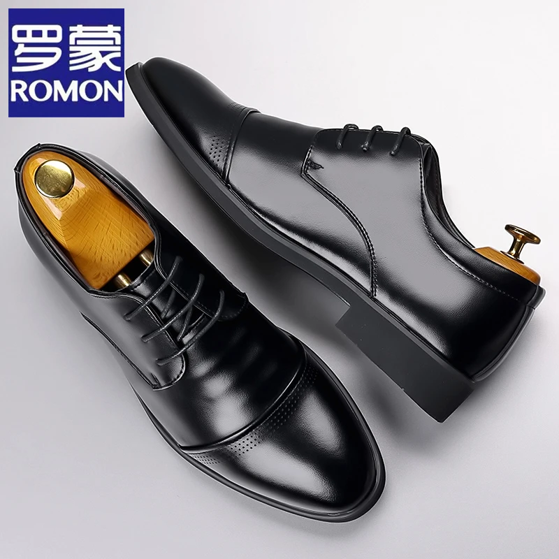 Romon/罗蒙罗蒙系带透气休闲皮鞋秋季英伦黑色休闲鞋尖头夏季皮鞋