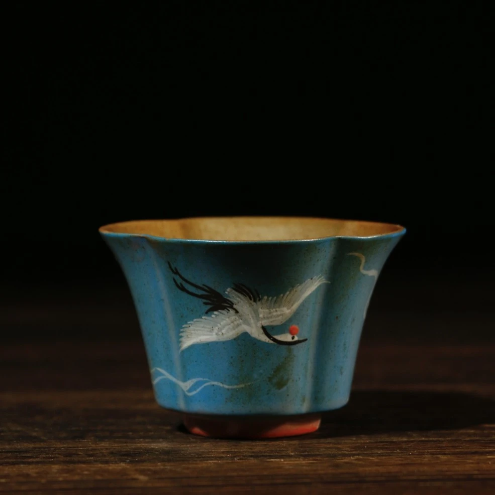 【包包爱茶器】老岩泥手绘陶瓷仙鹤梅花杯主人杯茶杯单个茶具家用