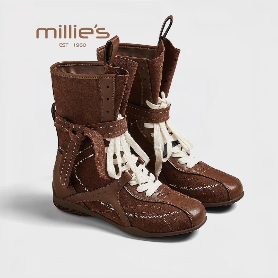 MILLIE'S/妙丽复古英伦风厚底马丁靴女款2025新款夏配裙子中筒靴
