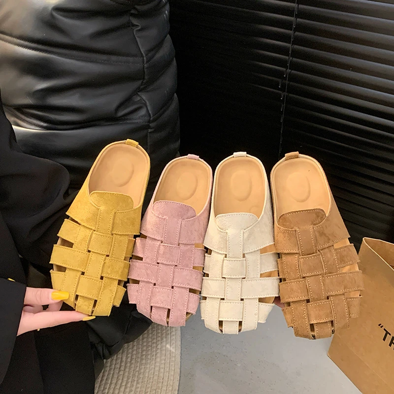 小众复古编织包头半拖鞋女鞋子外穿2025新款夏季一脚蹬软底勃肯鞋