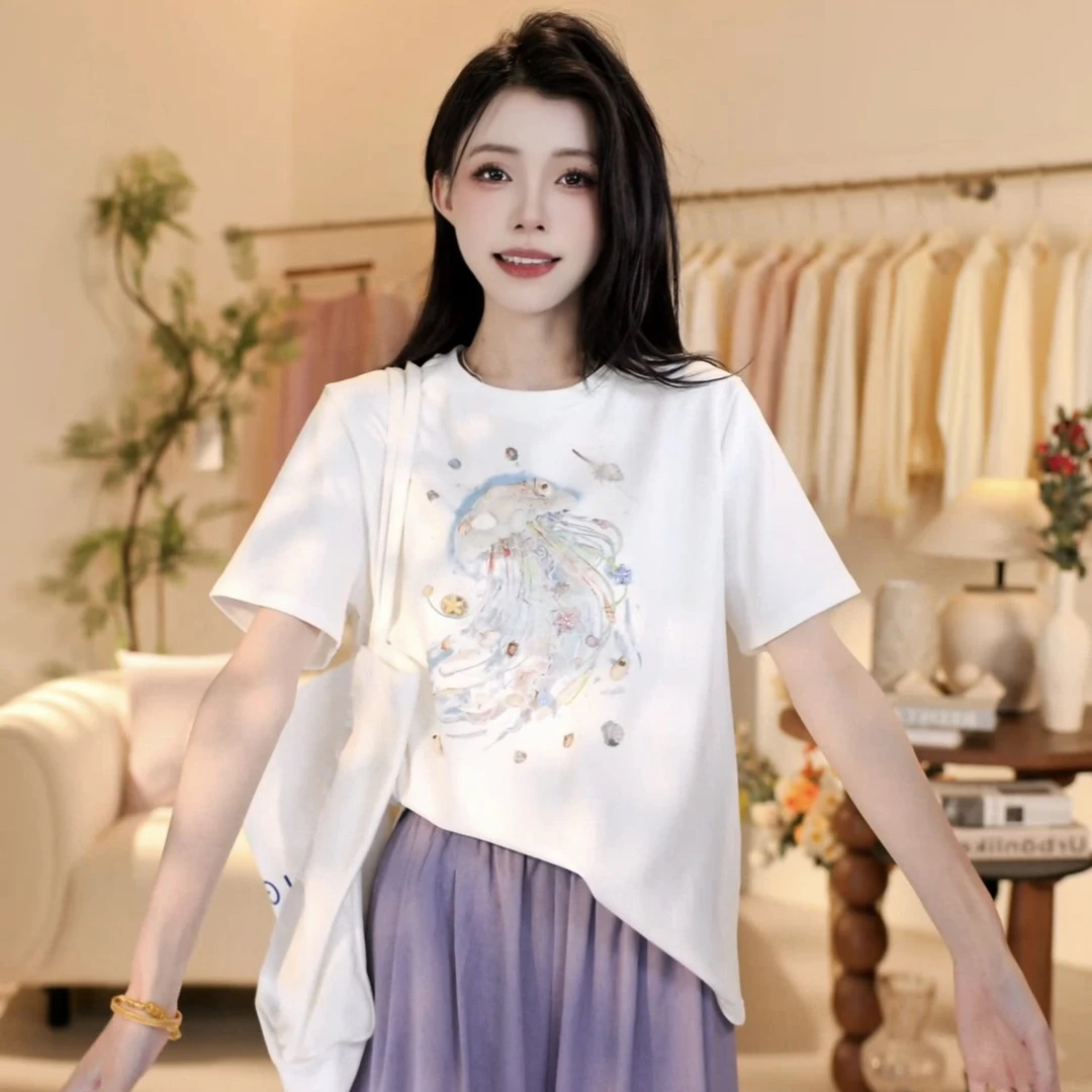 新款贝壳钉珠印花短袖恤女夏季新款洋气百搭设计感上衣