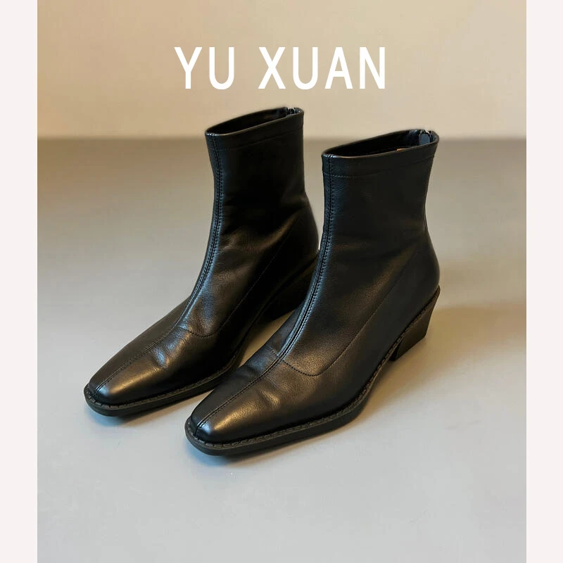 牛皮版~高跟弹力瘦瘦靴女2025秋冬新款方头粗跟黑色马丁靴子短靴