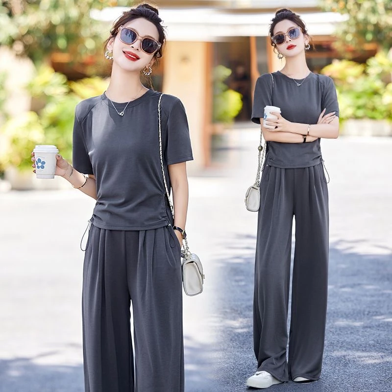冰丝薄款休闲运动套装女2025夏新款遮肉显瘦T恤垂感阔腿裤两件套