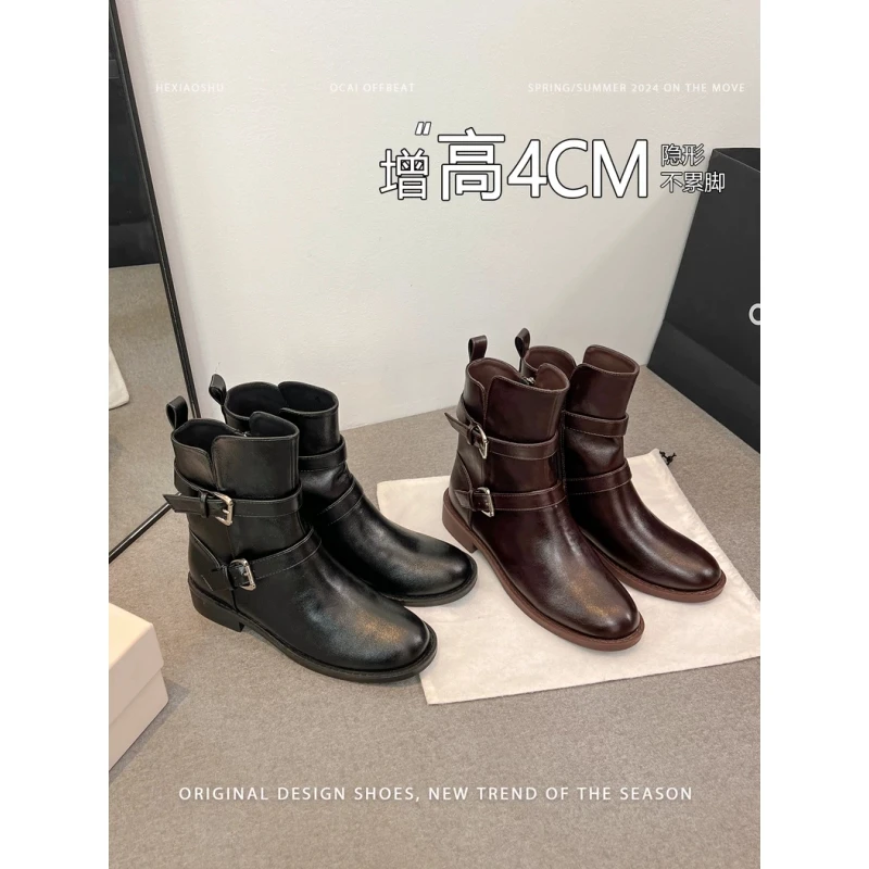 真皮法式厚底粗跟中筒靴女2025新款百搭短筒显瘦机车短靴骑士靴