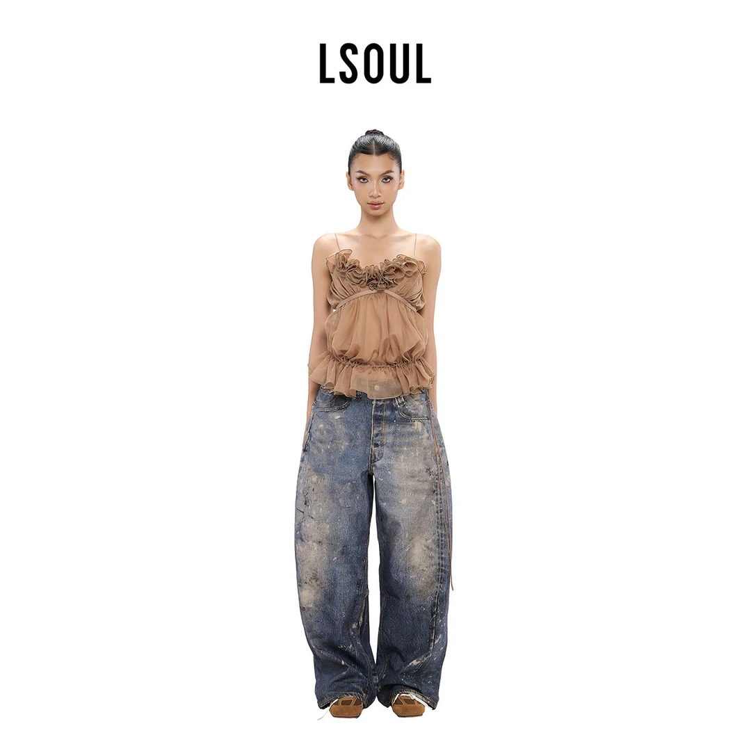【屁酒花联名】LSOUL复古做旧牛仔长裤高腰直筒宽松印花设计女裤